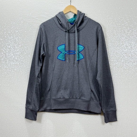 Under Armour ColdGear Hoodie Sweatshirt Gray Blue Logo Size Large Semi-Fitted - Picture 2 of 10